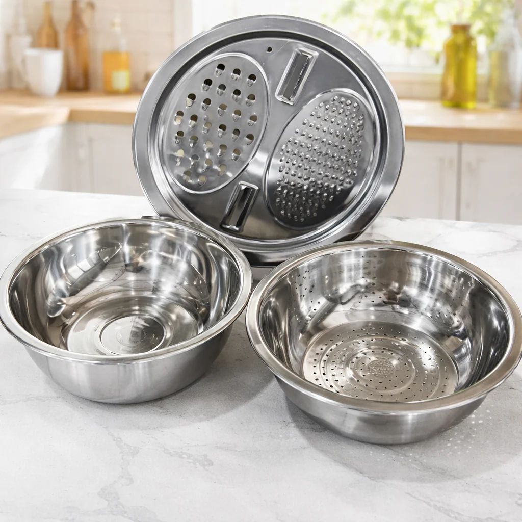 3-Piece Mixing Bowl Set in Stainless Steel with Grater and Sieve - Image 16