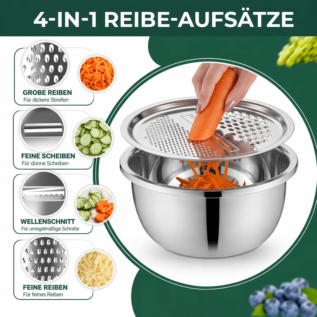 3-Piece Mixing Bowl Set in Stainless Steel with Grater and Sieve - Image 3