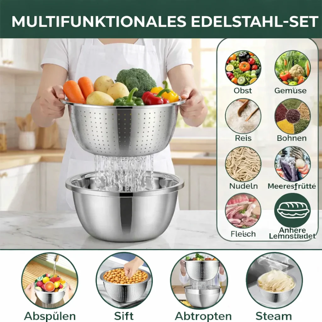 3-Piece Mixing Bowl Set in Stainless Steel with Grater and Sieve - Image 4