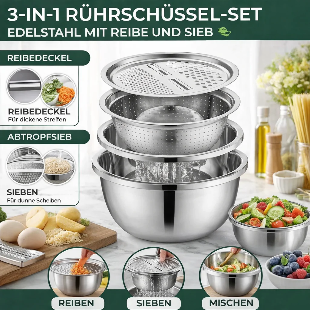 3-Piece Mixing Bowl Set in Stainless Steel with Grater and Sieve - Image 5