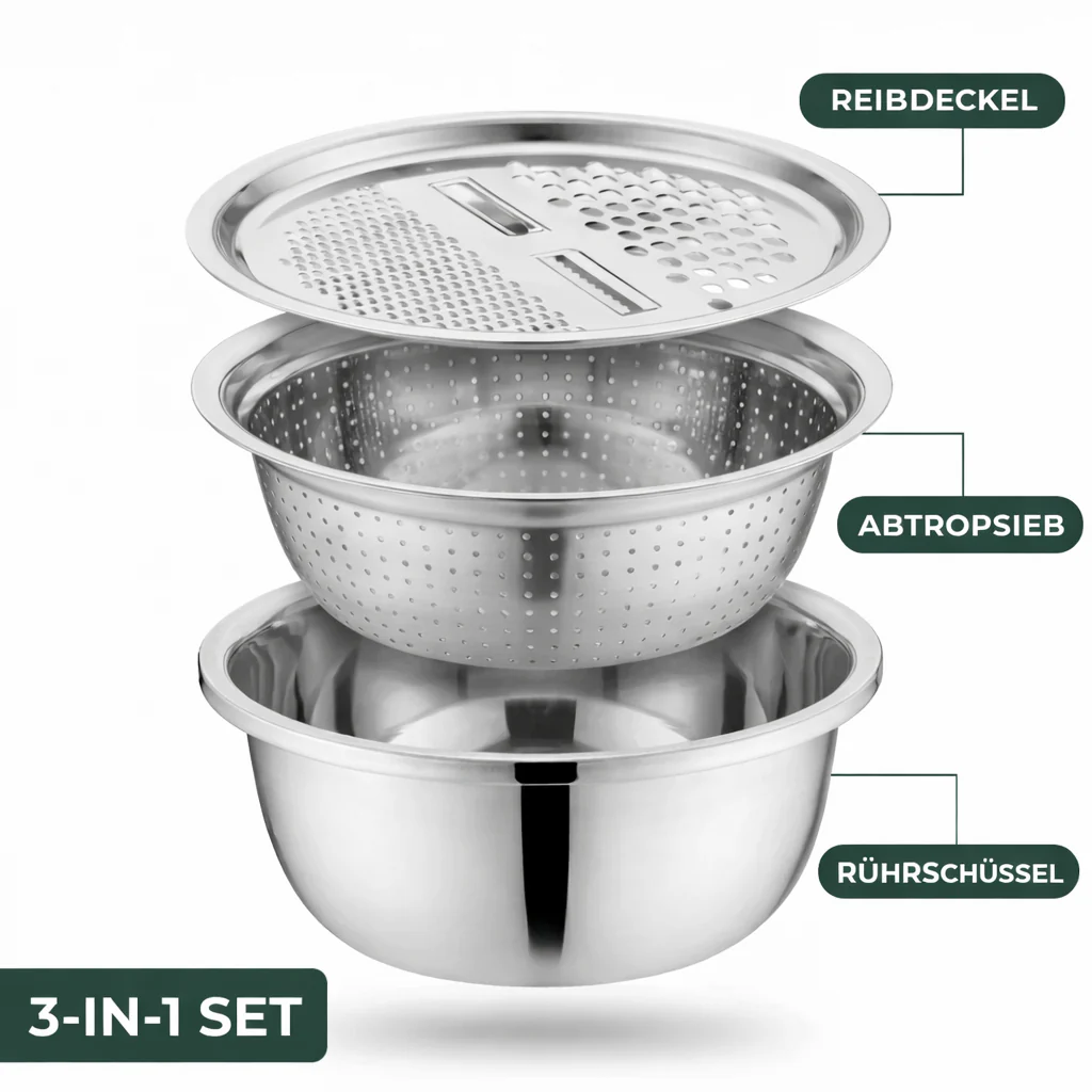 3-Piece Mixing Bowl Set in Stainless Steel with Grater and Sieve - Image 7