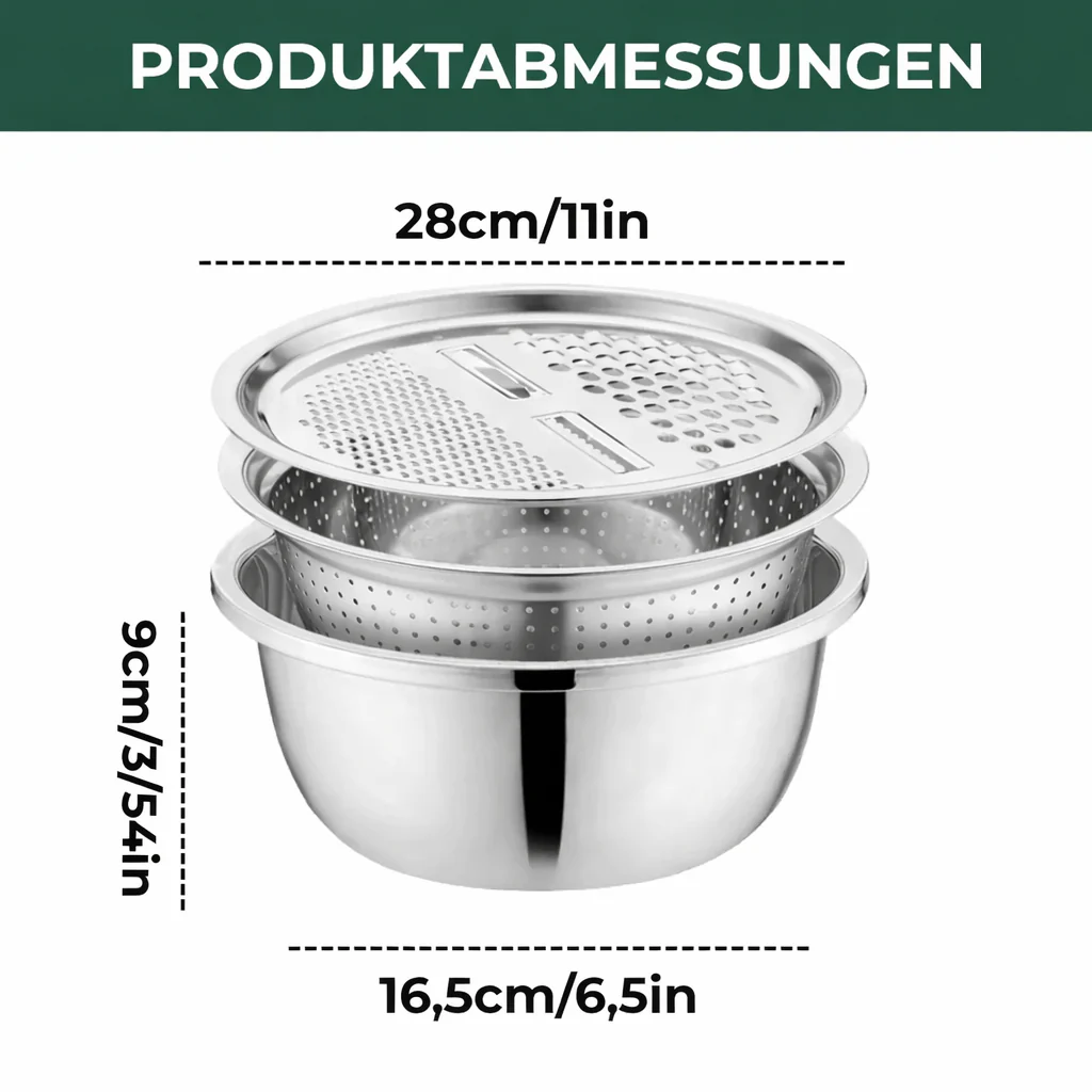 3-Piece Mixing Bowl Set in Stainless Steel with Grater and Sieve - Image 9