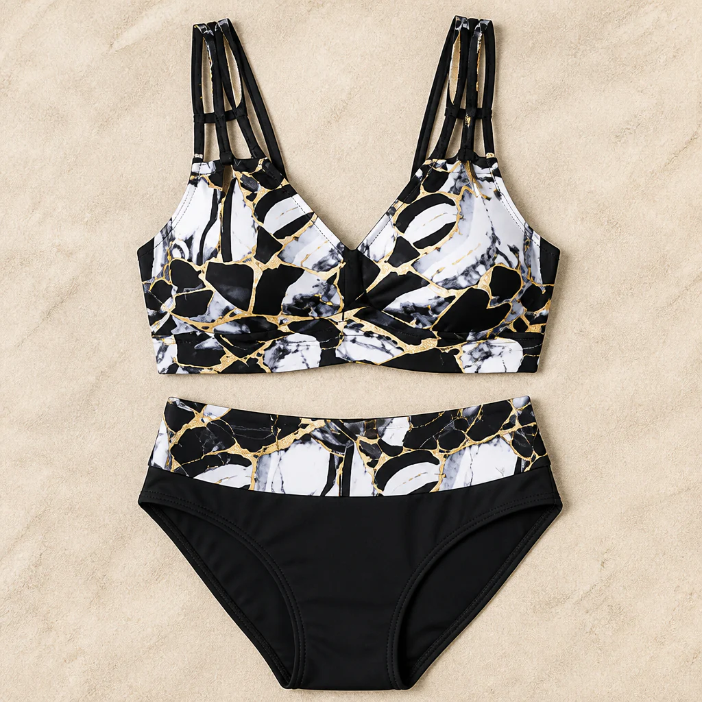 Marenza™ – High-Waisted Marble Bikini Set with Multi-Strap V-Neck Top - Image 3