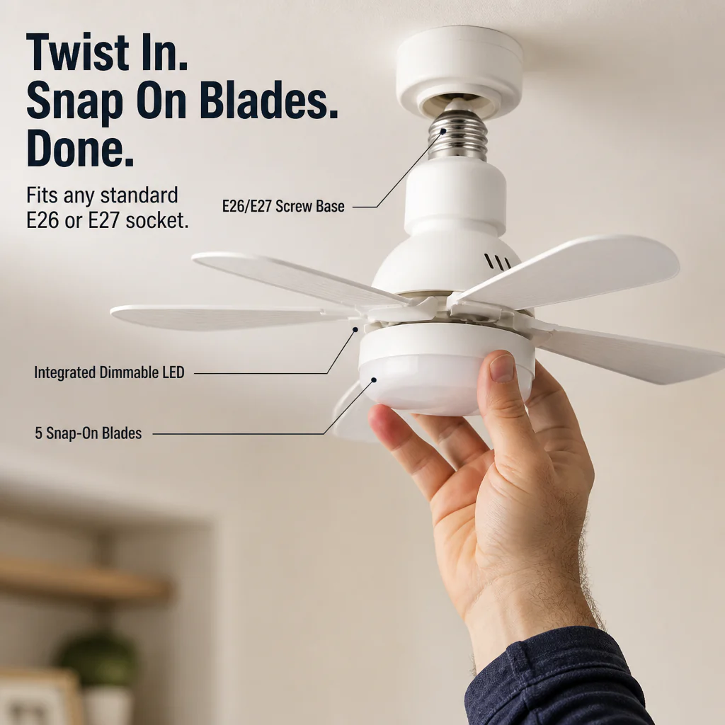 AirLume™ — Screw a Quiet Ceiling Fan + Bright LED Into Any Light Socket - Image 3