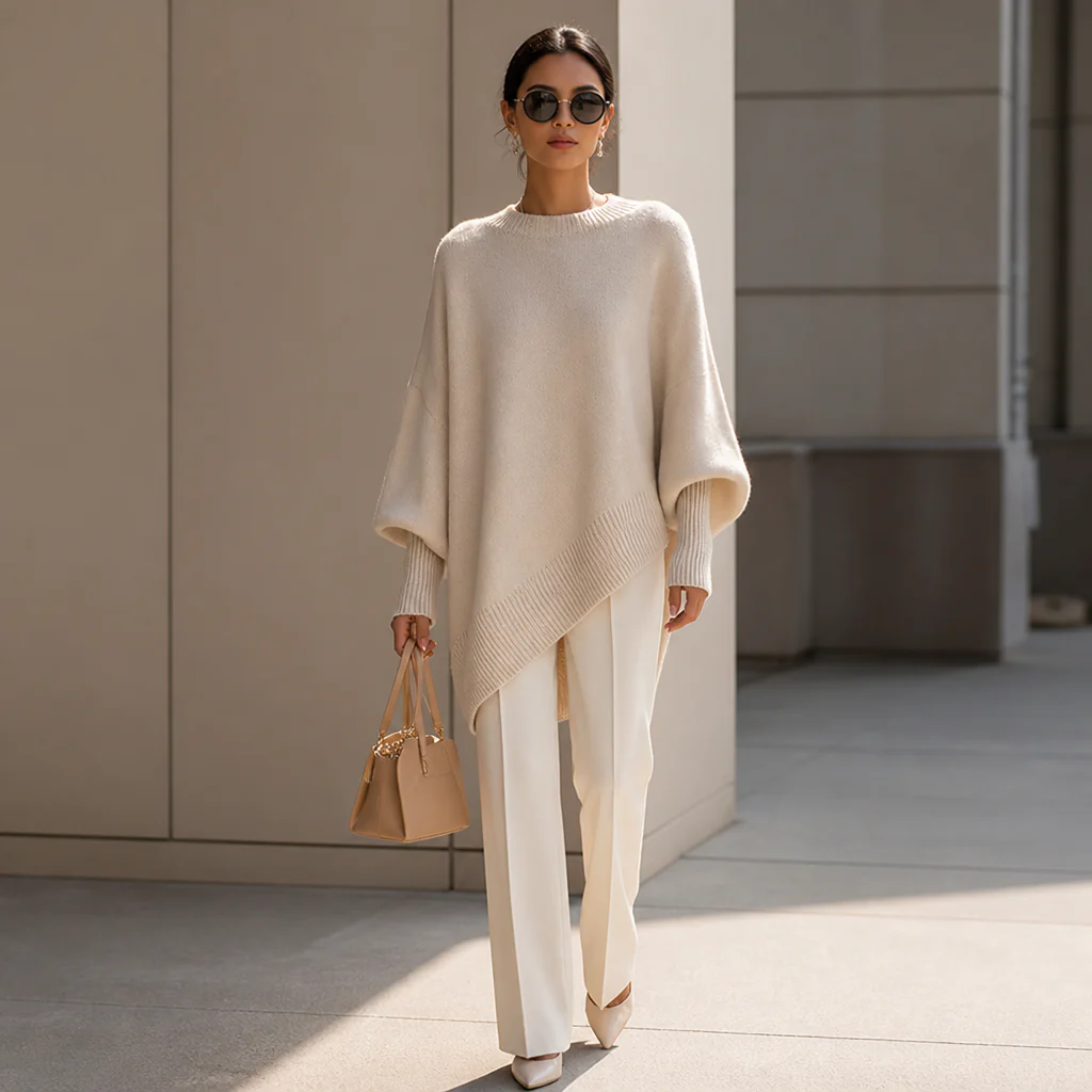 AlluraWool™ – Oversized Wool-Blend Sweater with Draped Asymmetric Hem