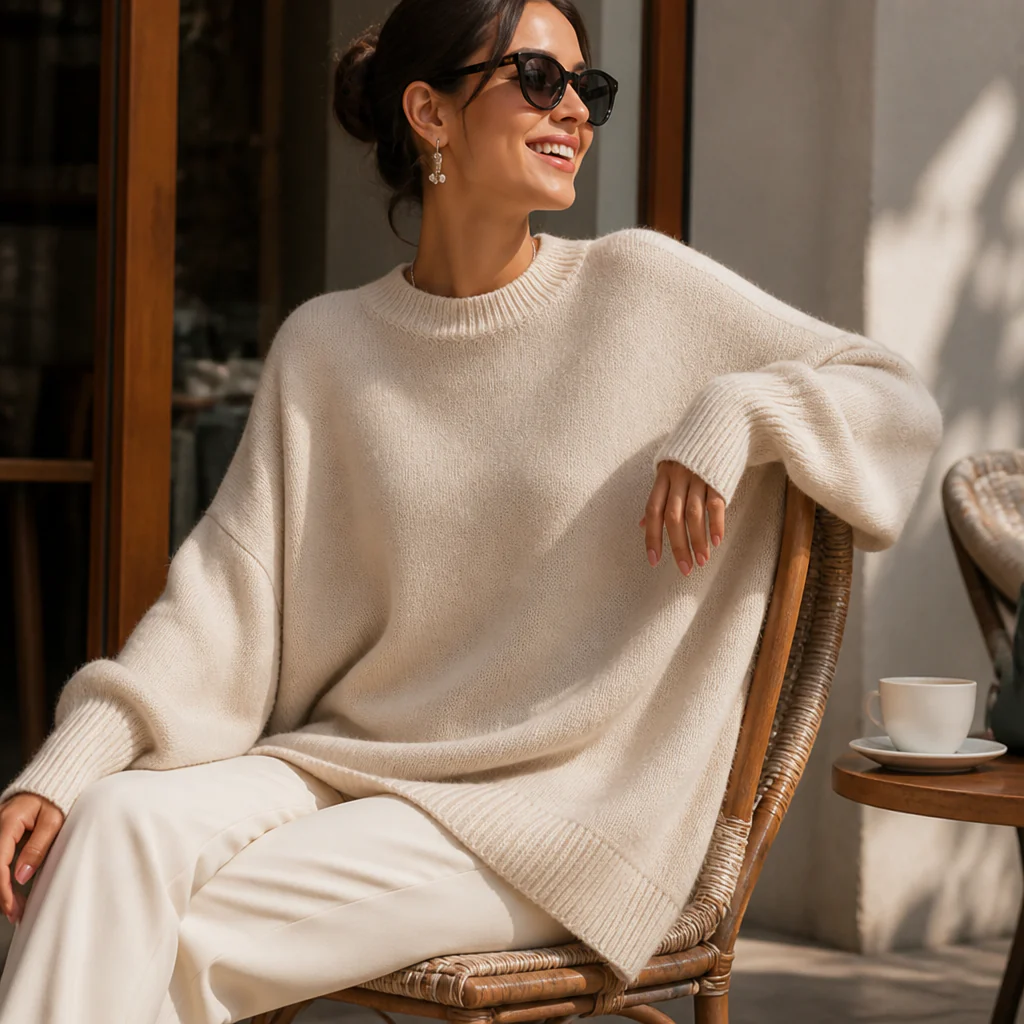 AlluraWool™ – Oversized Wool-Blend Sweater with Draped Asymmetric Hem - Image 6