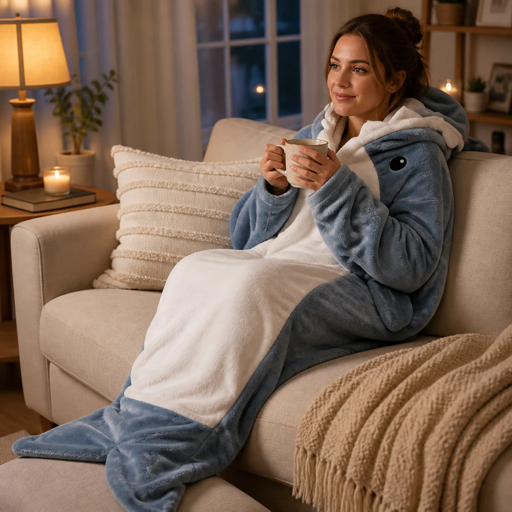 AquaSnug™ – Hooded Shark Flannel Sleeping-Bag Blanket