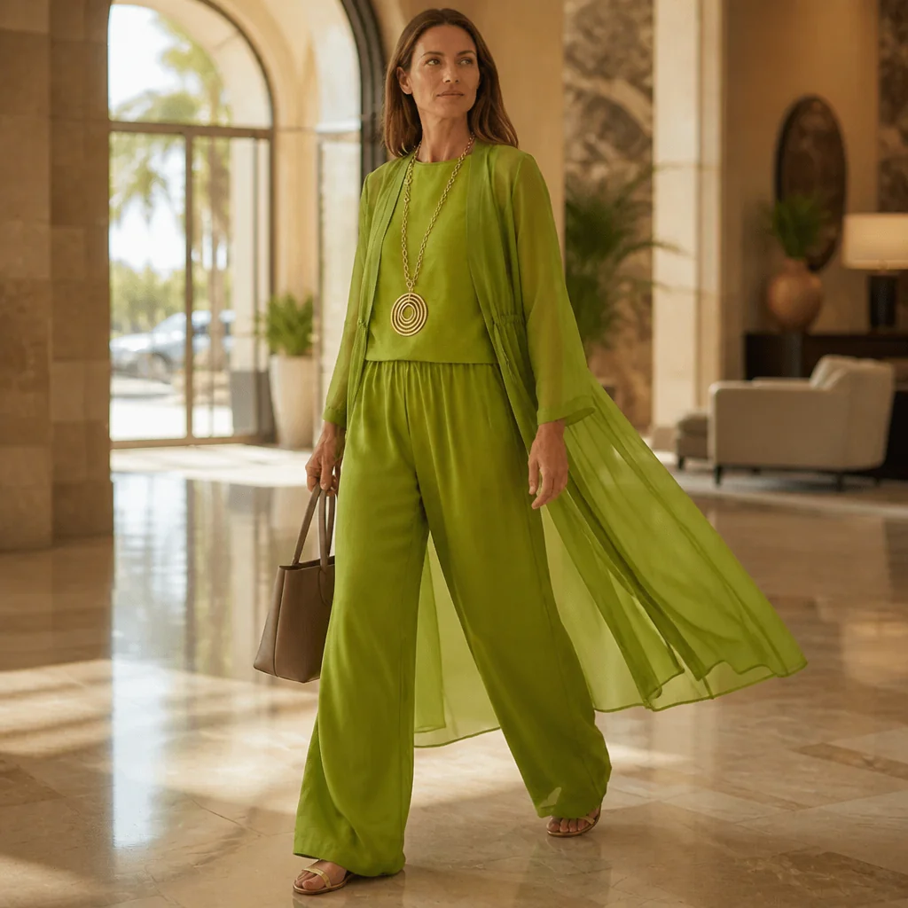 AristaLuxe™ – Flowing Three-Piece Wide-Leg Pant Set with Sheer Chiffon Duster - Image 2