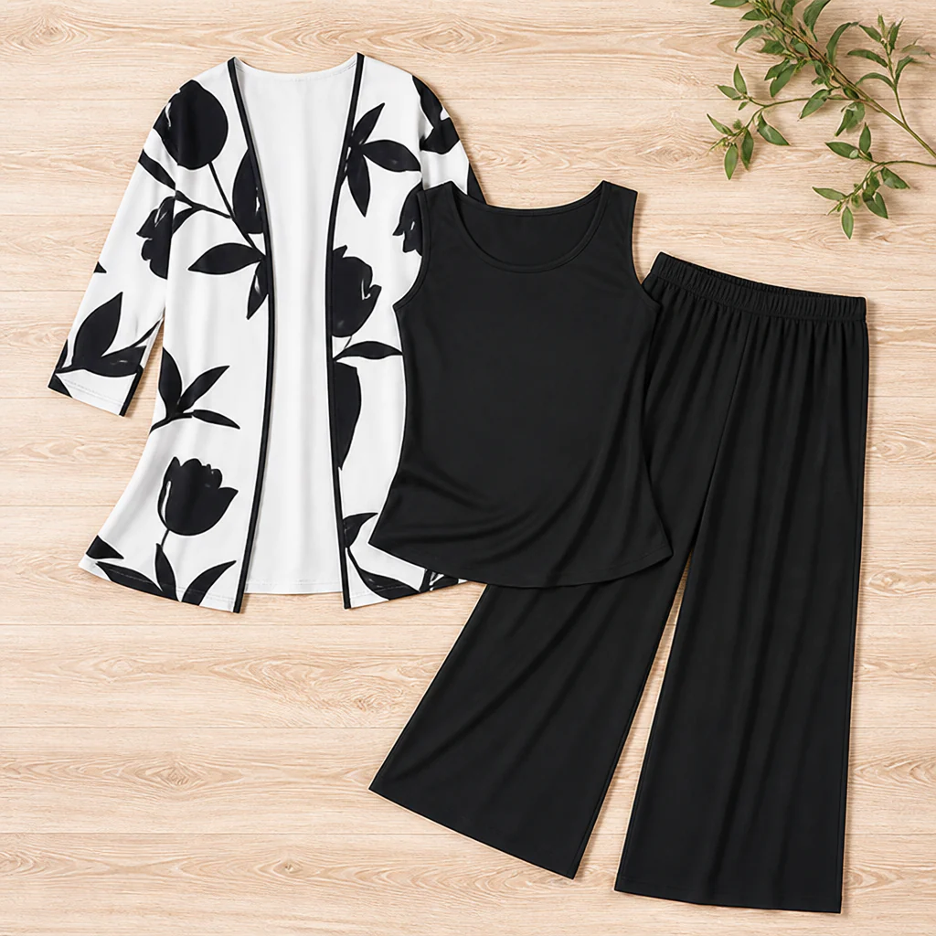 AuraLuxe™ – Elegant Floral Cardigan & Wide-Leg Pant 3-Piece Set - Image 10
