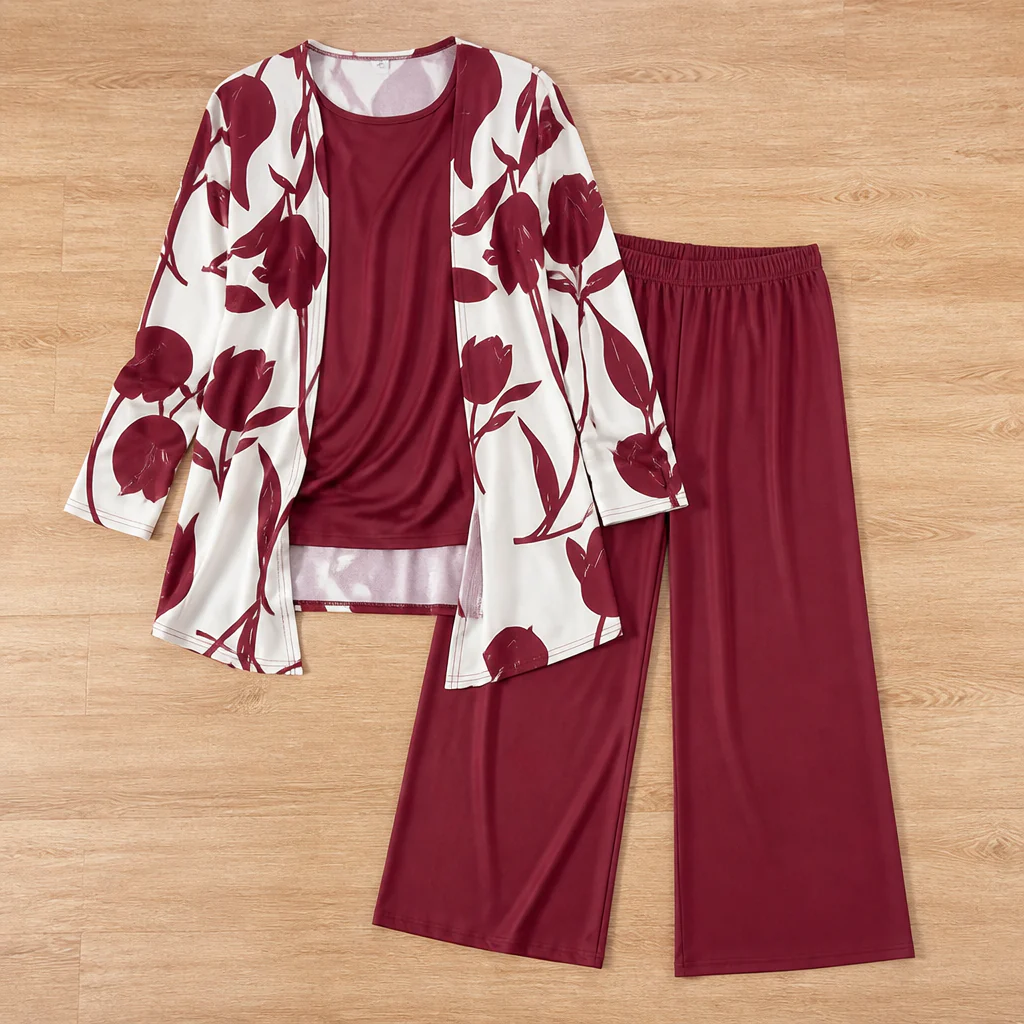 AuraLuxe™ – Elegant Floral Cardigan & Wide-Leg Pant 3-Piece Set - Image 11