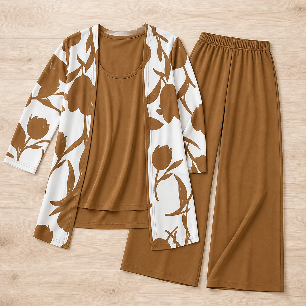AuraLuxe™ – Elegant Floral Cardigan & Wide-Leg Pant 3-Piece Set - Image 12