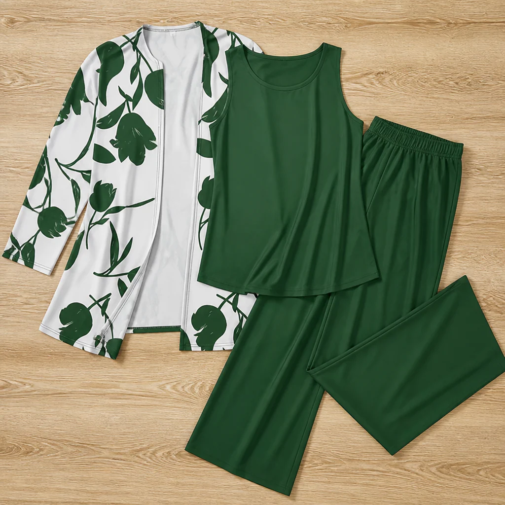 AuraLuxe™ – Elegant Floral Cardigan & Wide-Leg Pant 3-Piece Set - Image 13