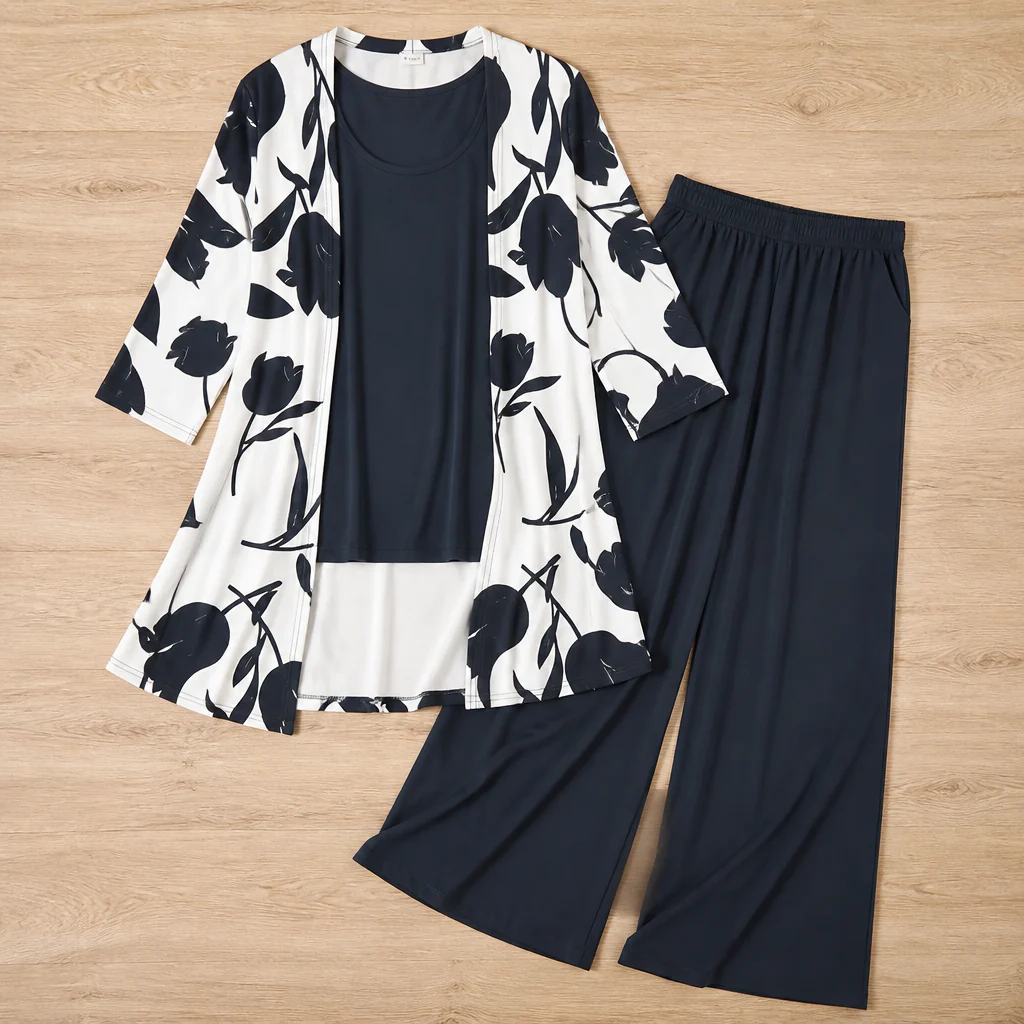 AuraLuxe™ – Elegant Floral Cardigan & Wide-Leg Pant 3-Piece Set - Image 14
