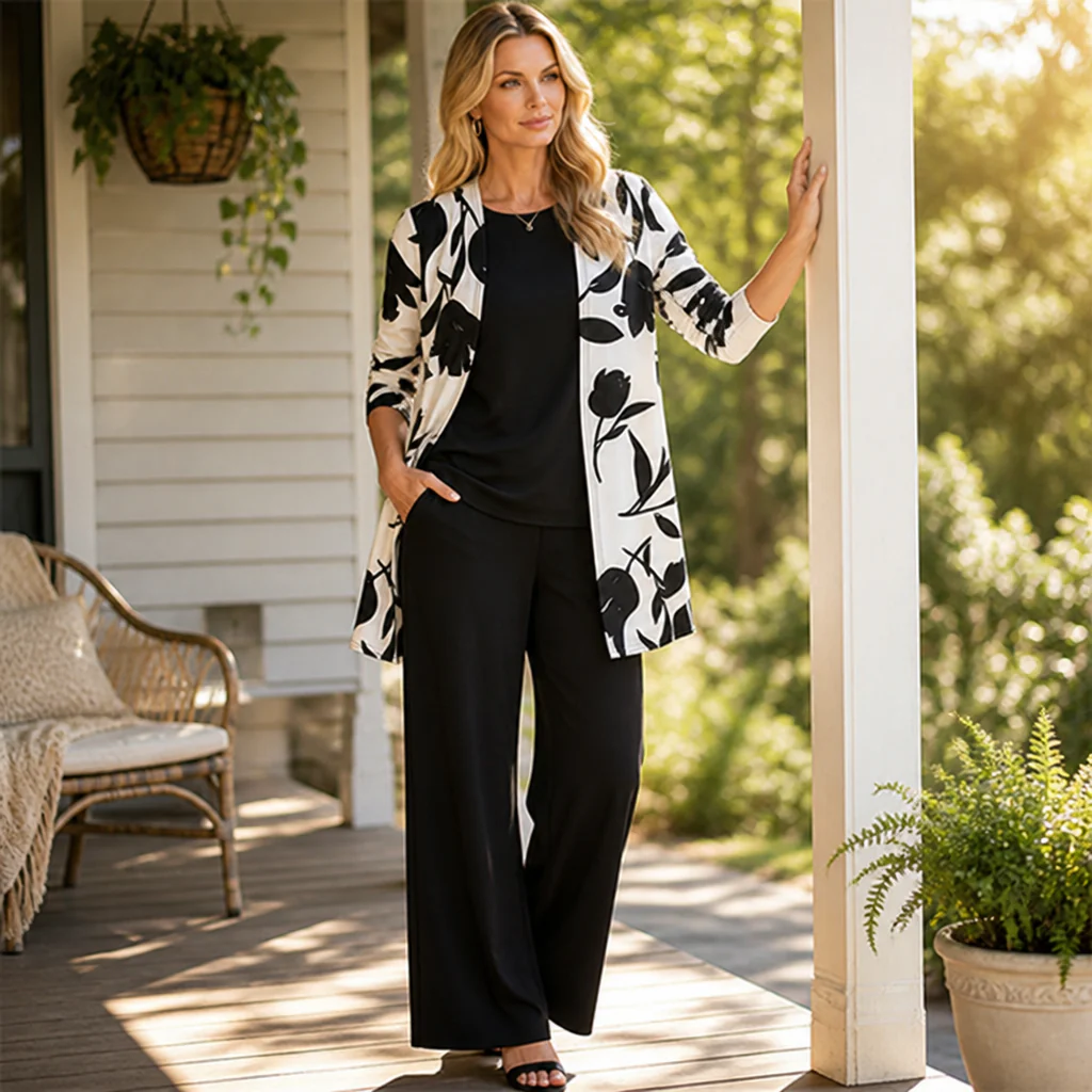 AuraLuxe™ – Elegant Floral Cardigan & Wide-Leg Pant 3-Piece Set - Image 3