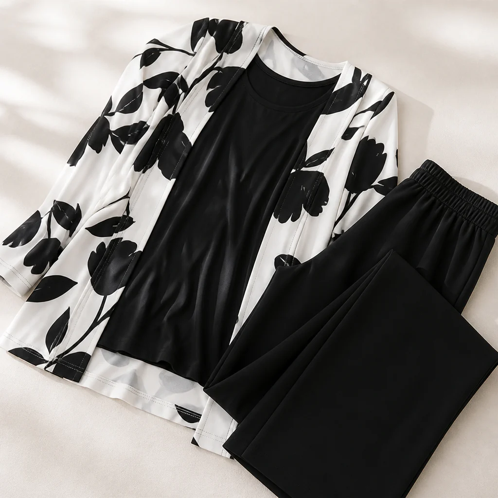 AuraLuxe™ – Elegant Floral Cardigan & Wide-Leg Pant 3-Piece Set - Image 6