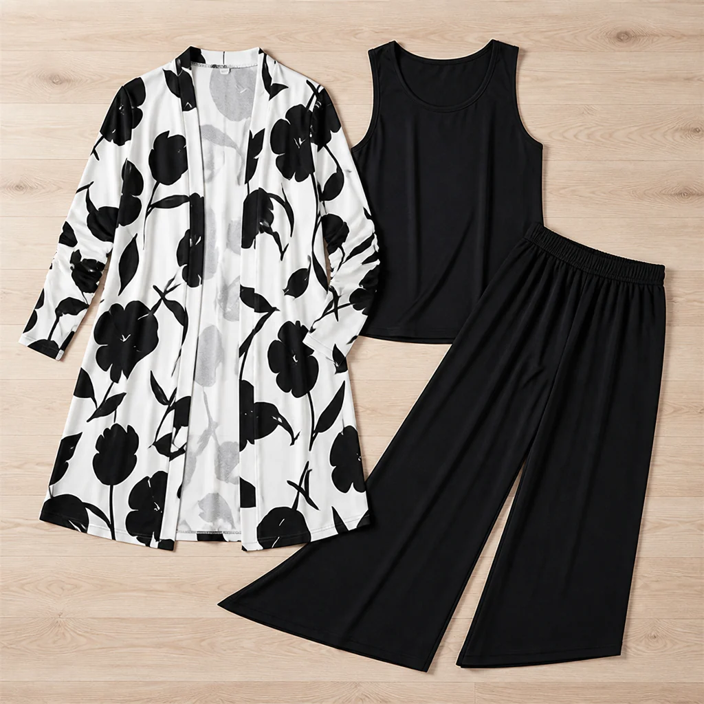 AuraLuxe™ – Elegant Floral Cardigan & Wide-Leg Pant 3-Piece Set - Image 8