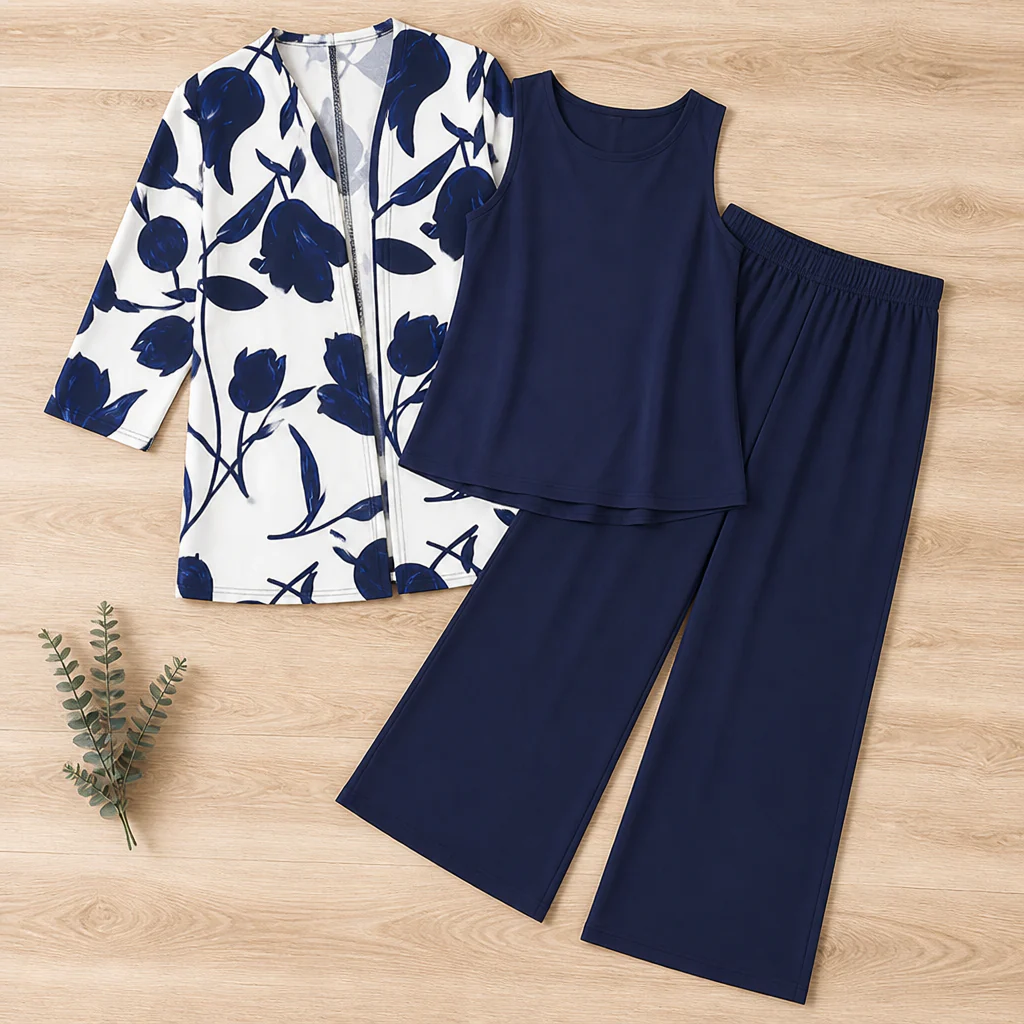 AuraLuxe™ – Elegant Floral Cardigan & Wide-Leg Pant 3-Piece Set - Image 9