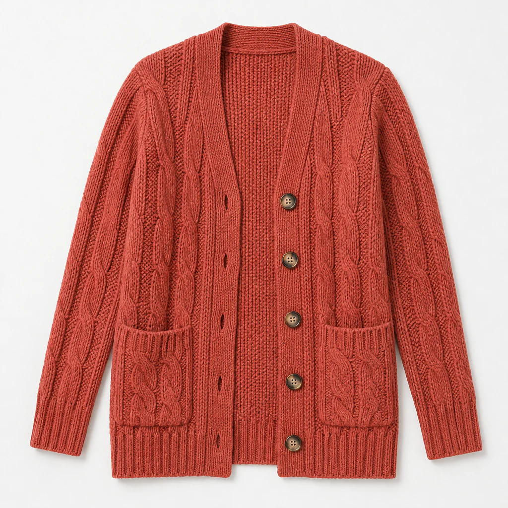 BorellaKnit™ – Chunky Cable Knit Button-Front Cardigan with Front Pockets - Image 10