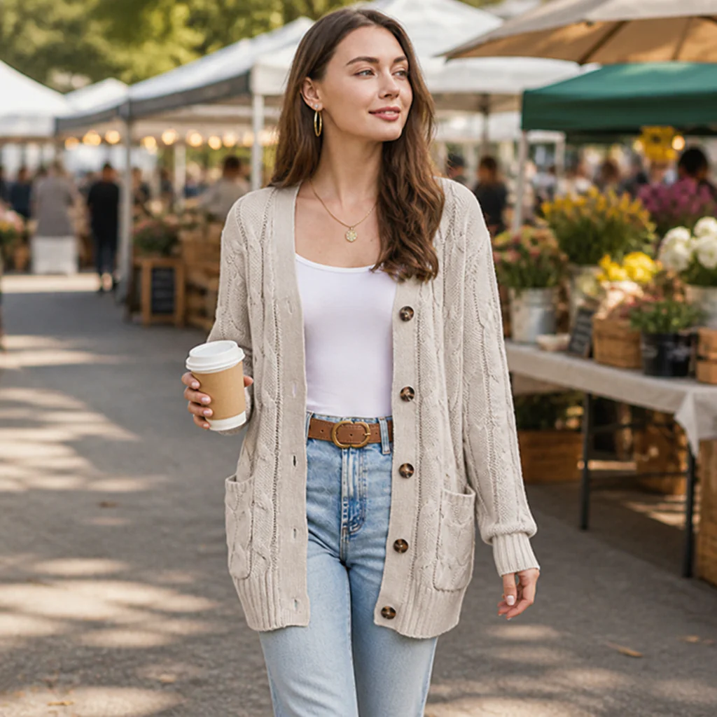 BorellaKnit™ – Chunky Cable Knit Button-Front Cardigan with Front Pockets - Image 2