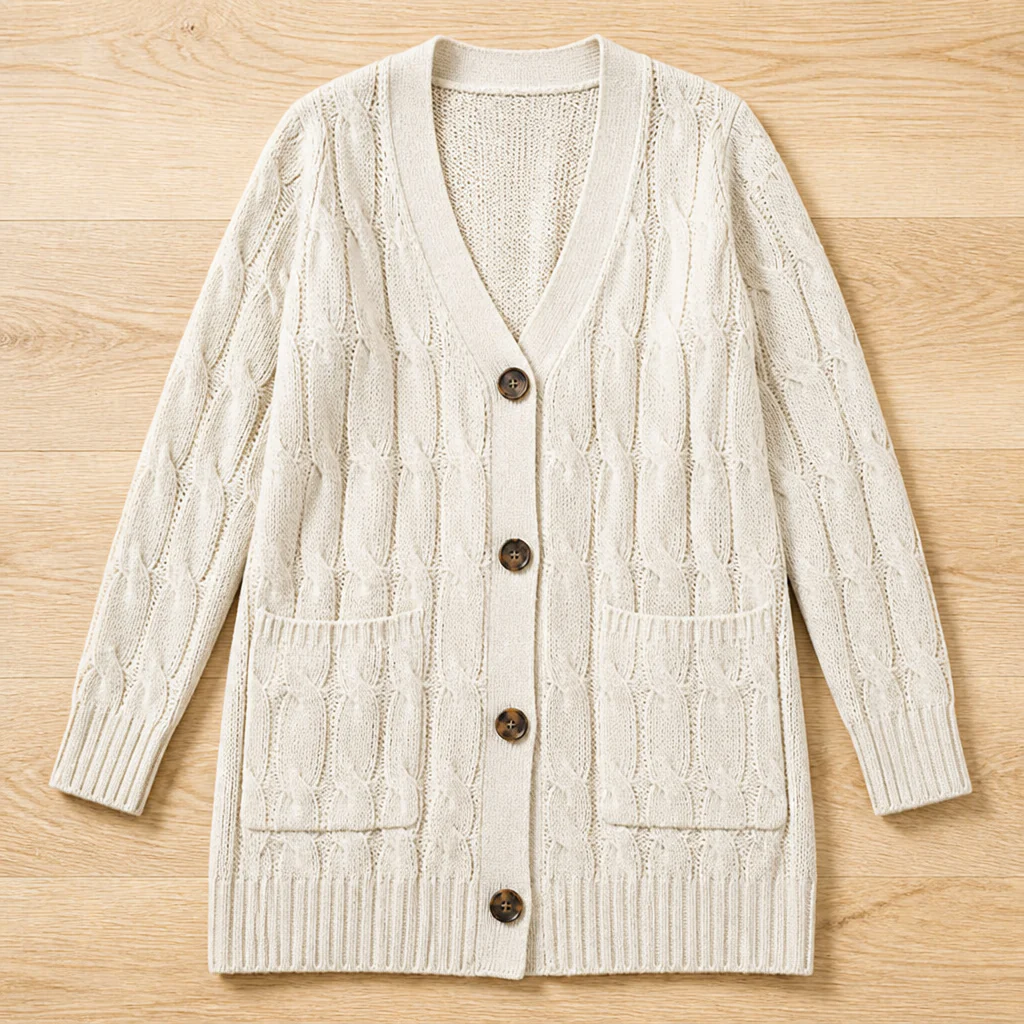 BorellaKnit™ – Chunky Cable Knit Button-Front Cardigan with Front Pockets - Image 4