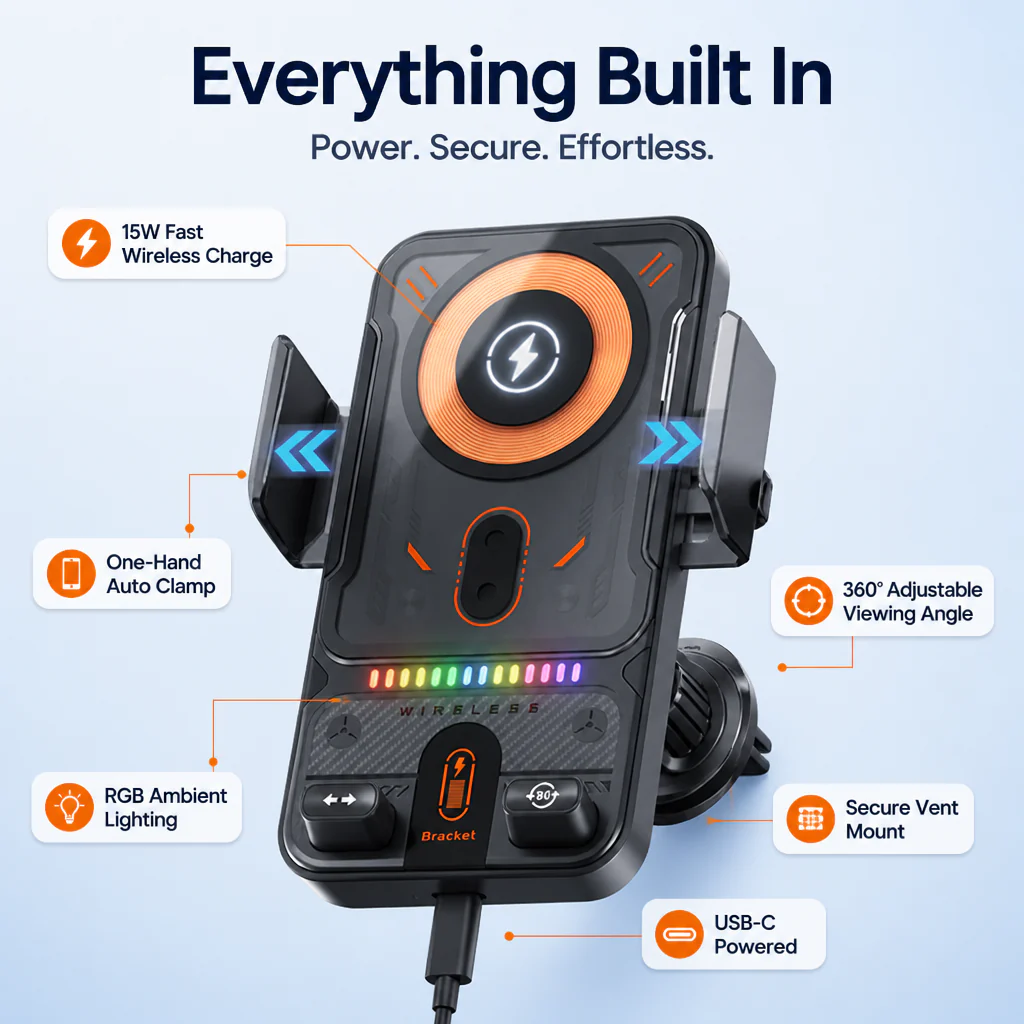 ChargeCruze™ — Grip, Charge & Drive Hands-Free with 15W Auto-Clamp Power