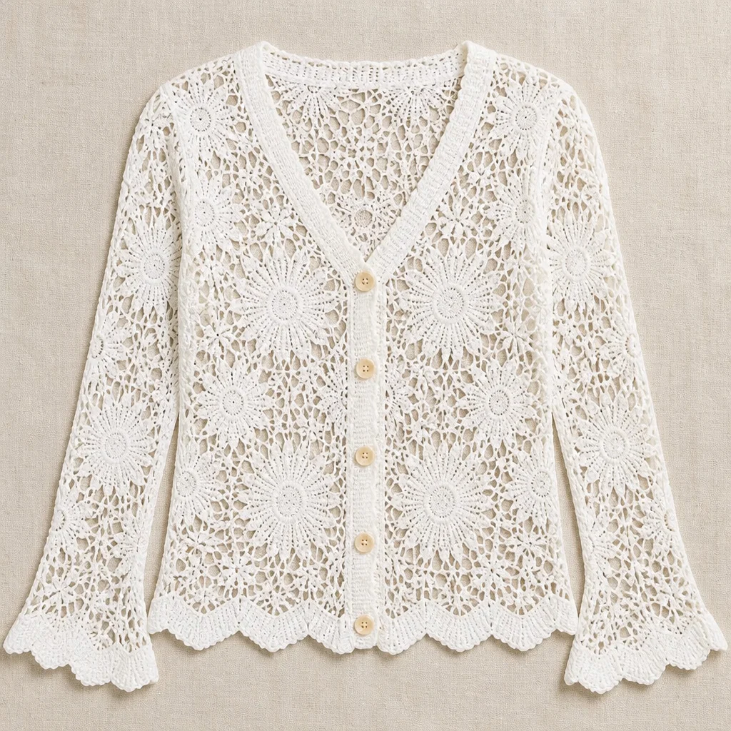 DeloraLace™ – Romantic Crochet Lace Button-Front Top with Scalloped Hem - Image 4