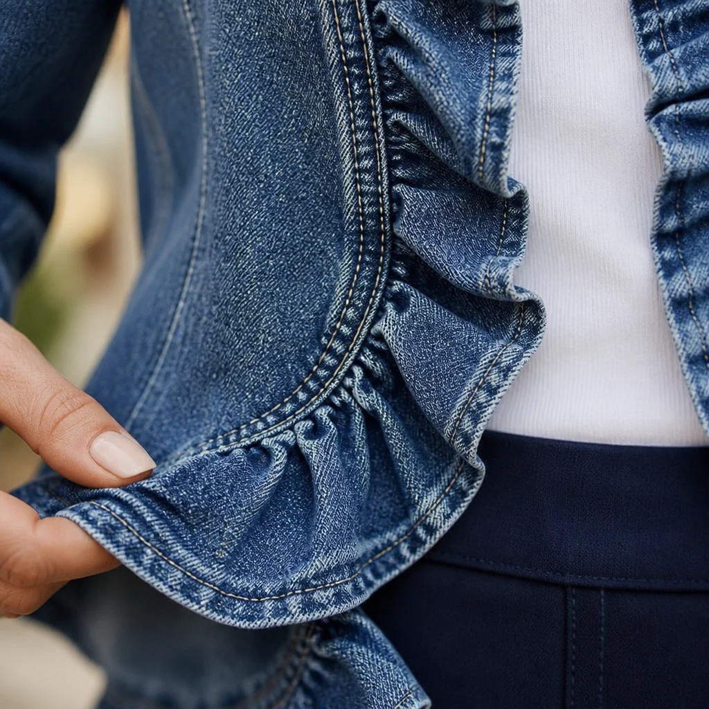 Denim Freedom™ – Lightweight Open-Front Denim Jacket with Ruffle Trim - Image 5