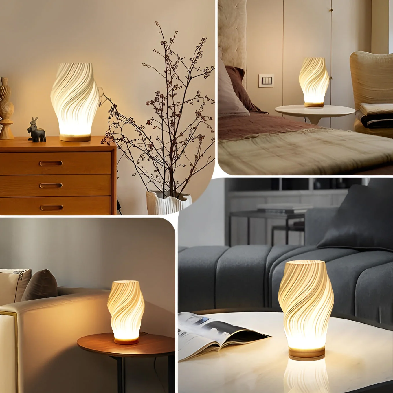 DreamWave - Modern cream-colored 3D wave lamp with elegant metal base - Image 3