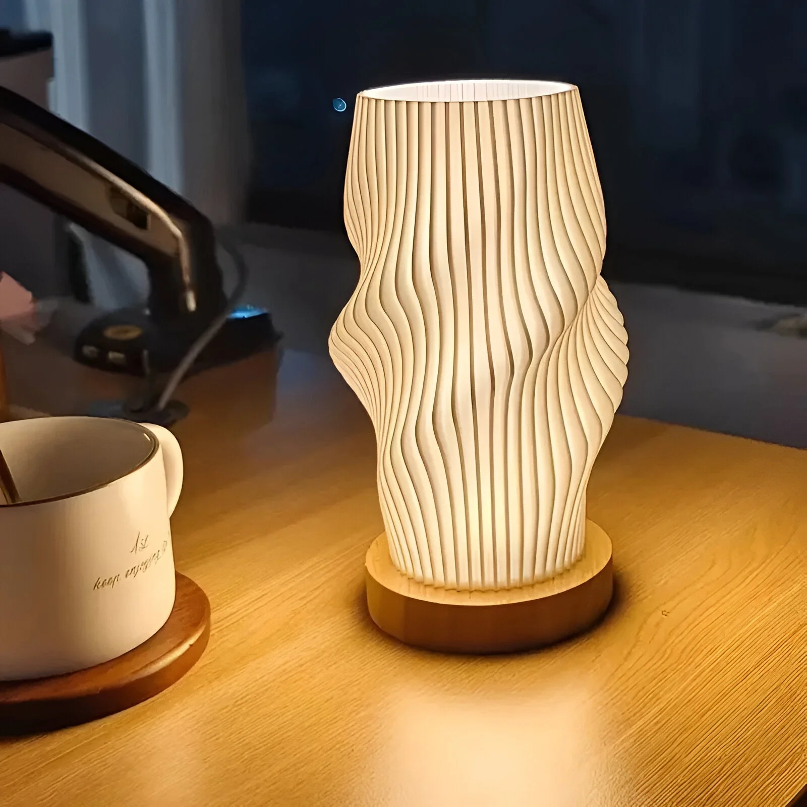 DreamWave - Modern cream-colored 3D wave lamp with elegant metal base - Image 9
