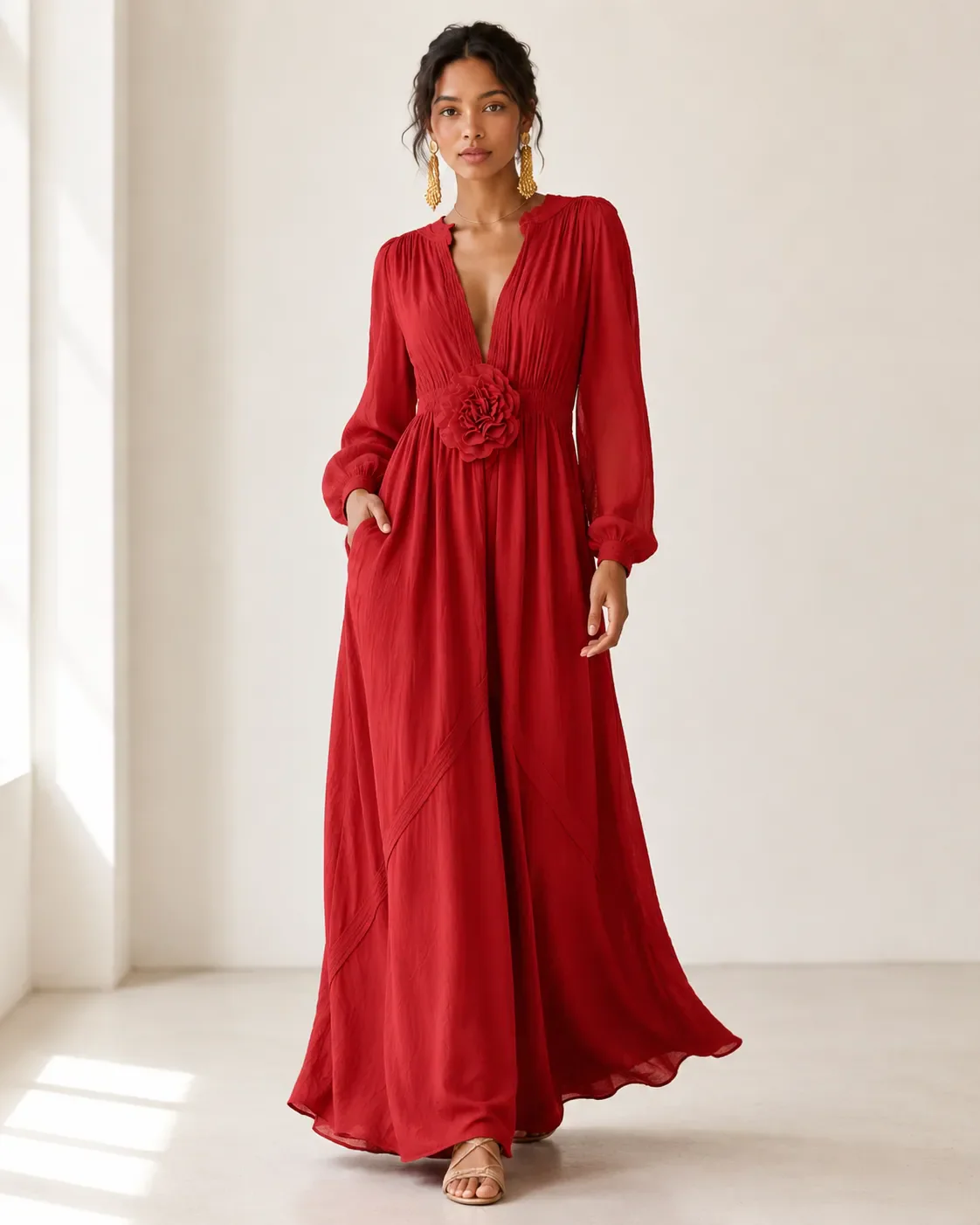 Elegant Linen-Blend Maxi Dress with Floral Waist Detail - Image 13