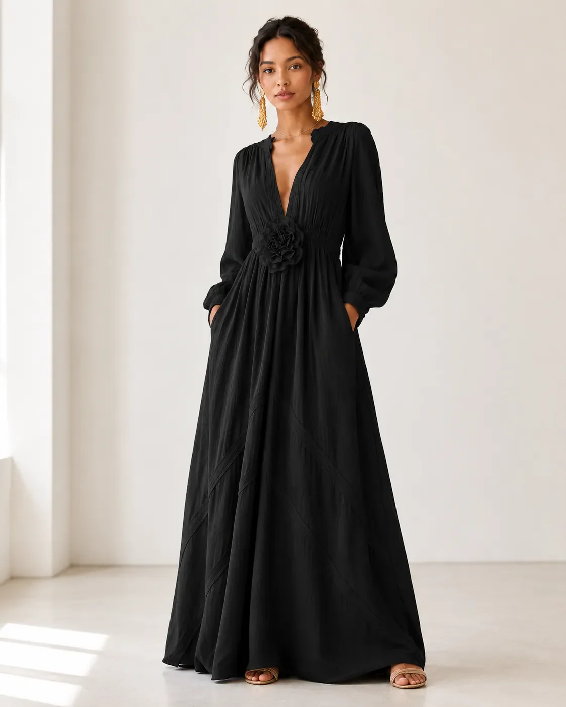 Elegant Linen-Blend Maxi Dress with Floral Waist Detail - Image 14