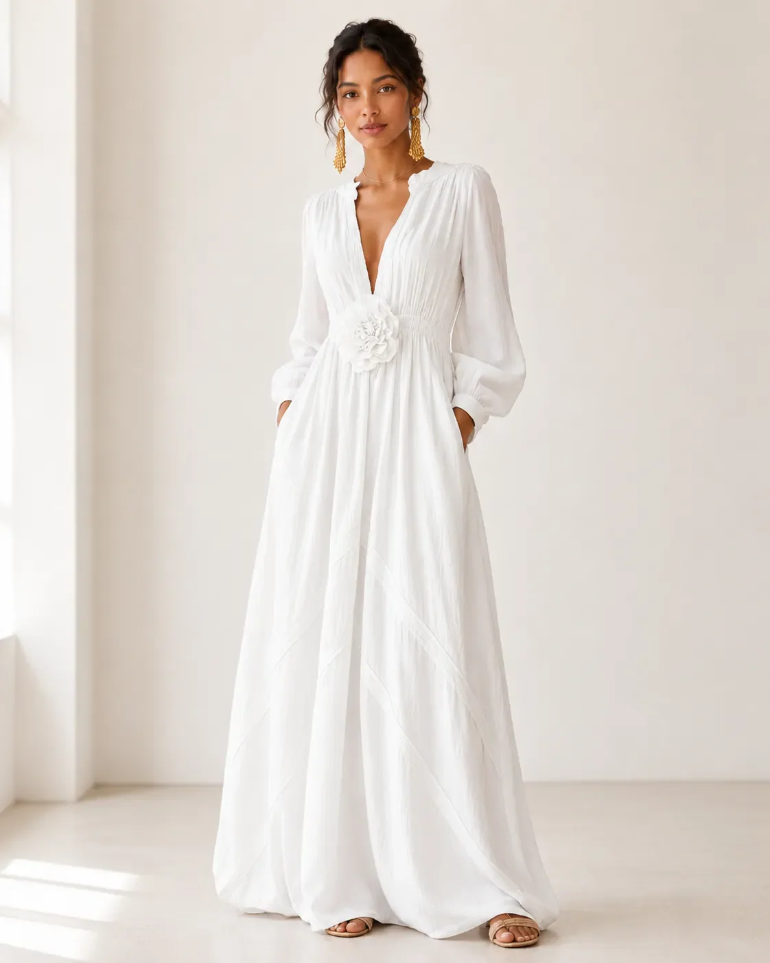 Elegant Linen-Blend Maxi Dress with Floral Waist Detail - Image 2