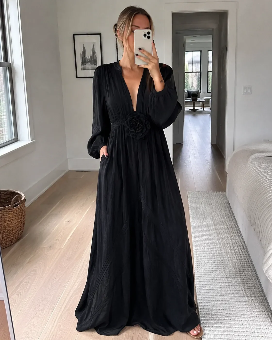 Elegant Linen-Blend Maxi Dress with Floral Waist Detail - Image 6
