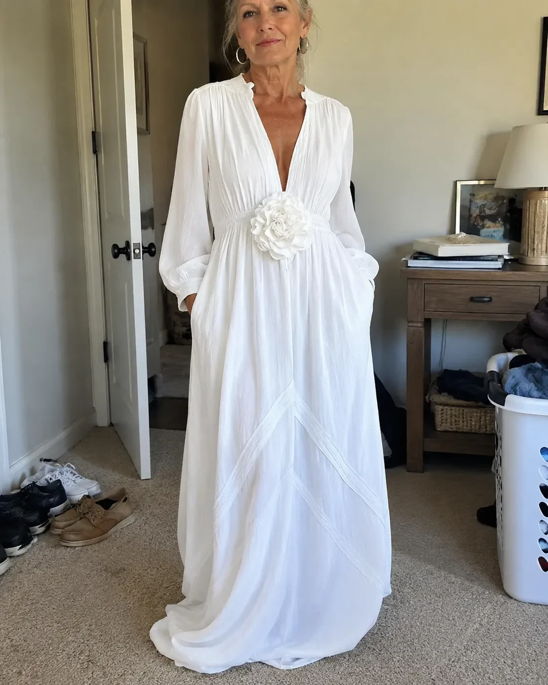 Elegant Linen-Blend Maxi Dress with Floral Waist Detail - Image 7