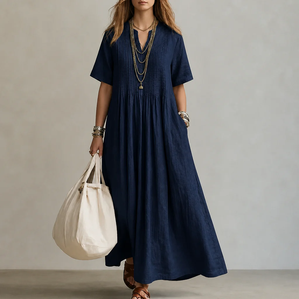 LioraBelle™ – Relaxed Pintuck Linen Maxi Dress with Pockets - Image 11