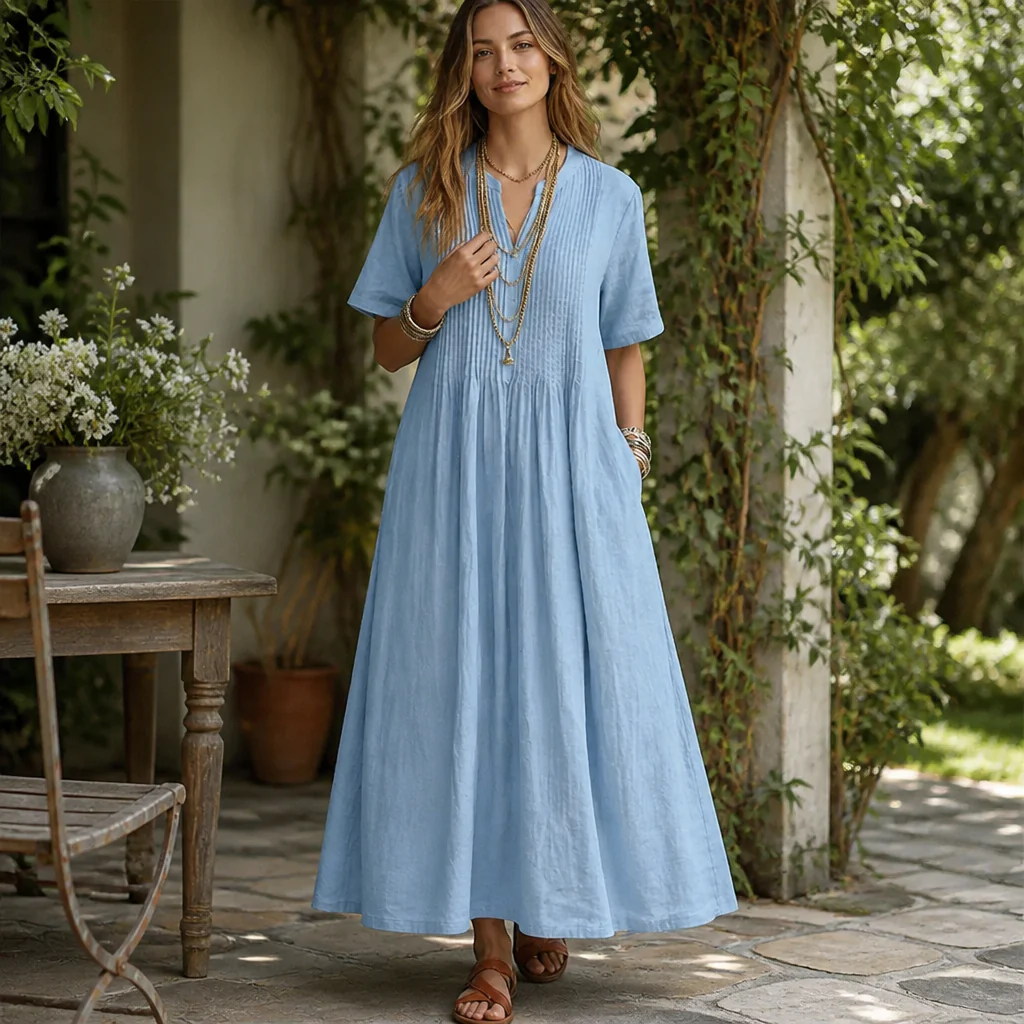 LioraBelle™ – Relaxed Pintuck Linen Maxi Dress with Pockets - Image 3