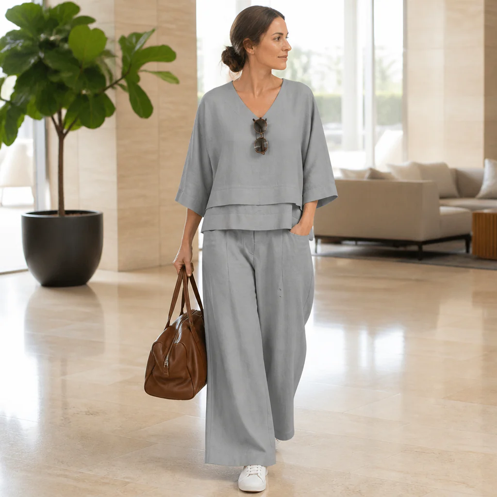 LioraLuxe™ – Relaxed Layered V-Neck Top & Wide-Leg Pant Set - Image 3