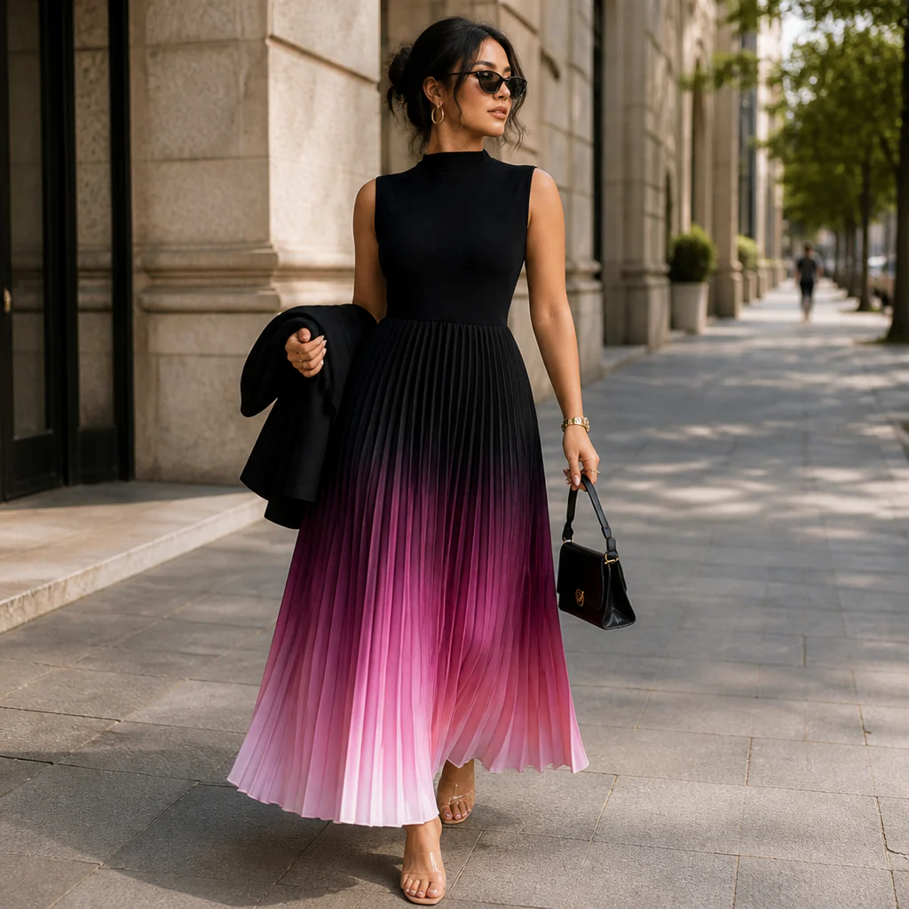 LioraMist™ – Sleeveless Ombre Pleated Maxi Dress with Hidden Pockets - Image 2