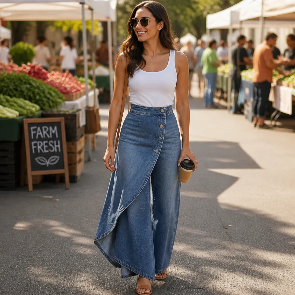 LumaCurve™ – Elegant Wide-Leg Jeans with Asymmetric Wrap-Front Overlay - Image 2