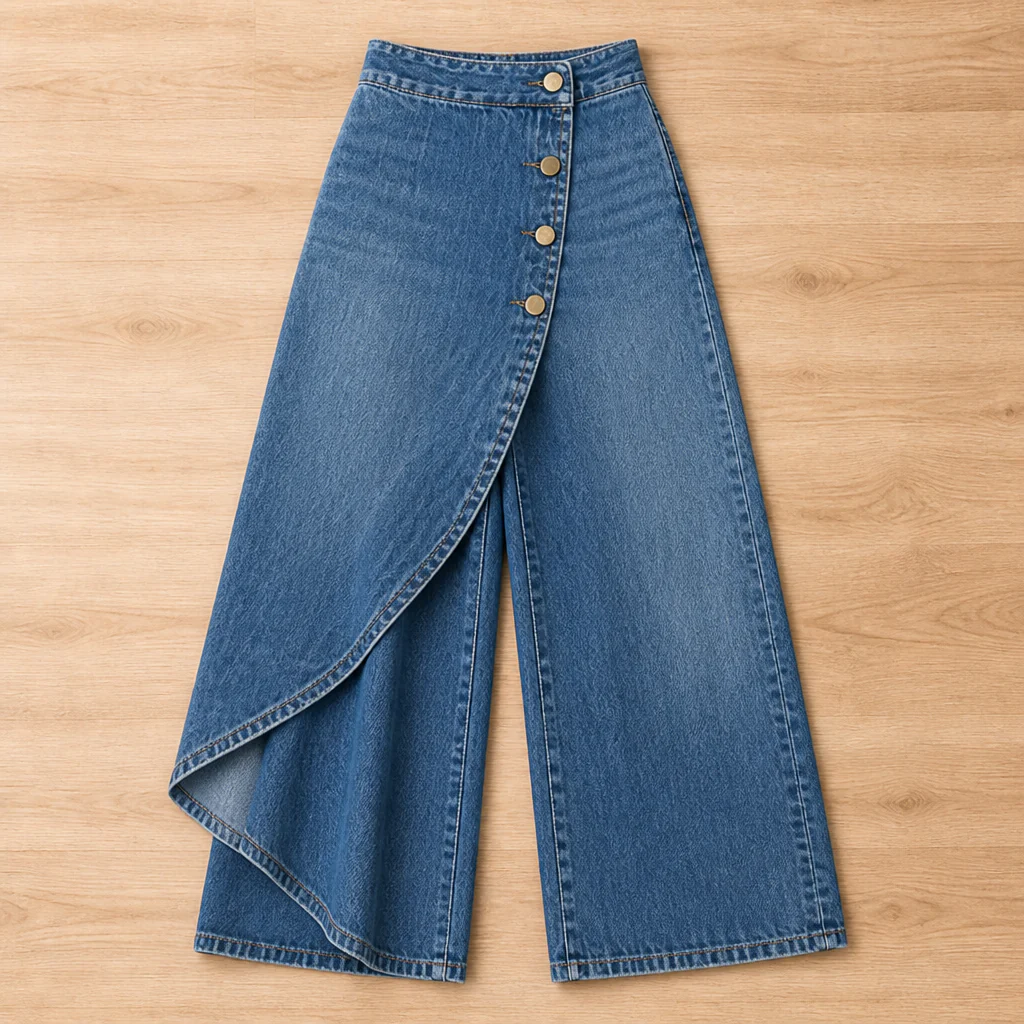 LumaCurve™ – Elegant Wide-Leg Jeans with Asymmetric Wrap-Front Overlay - Image 7