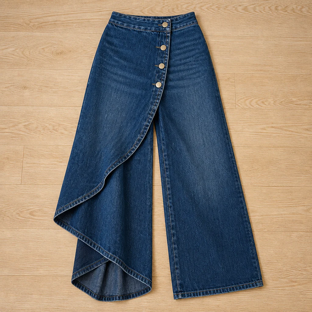 LumaCurve™ – Elegant Wide-Leg Jeans with Asymmetric Wrap-Front Overlay - Image 8