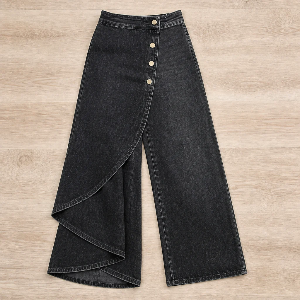 LumaCurve™ – Elegant Wide-Leg Jeans with Asymmetric Wrap-Front Overlay - Image 9