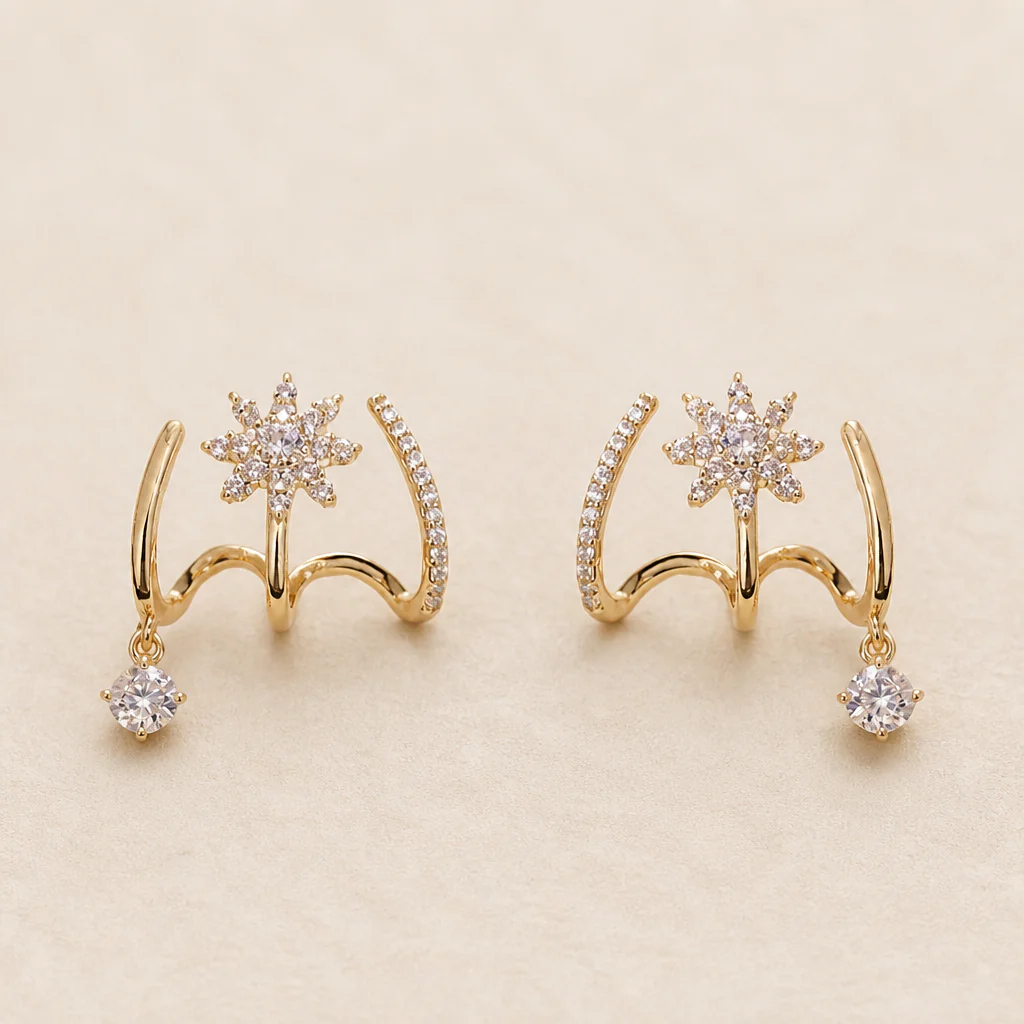 LumaVive™ – Sparkling Starburst Cuff Earrings with Multi-Piercing Illusion - Image 4