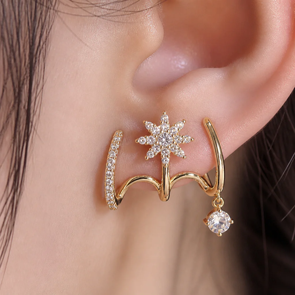 LumaVive™ – Sparkling Starburst Cuff Earrings with Multi-Piercing Illusion - Image 6