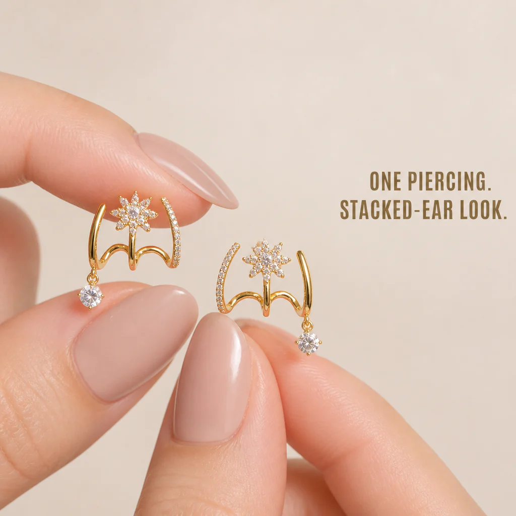 LumaVive™ – Sparkling Starburst Cuff Earrings with Multi-Piercing Illusion - Image 8