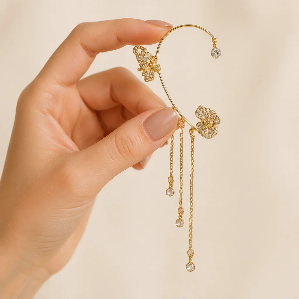 Luméline™ – Sparkling Butterfly Ear Cuffs with Crystal Tassel Chains - Image 8