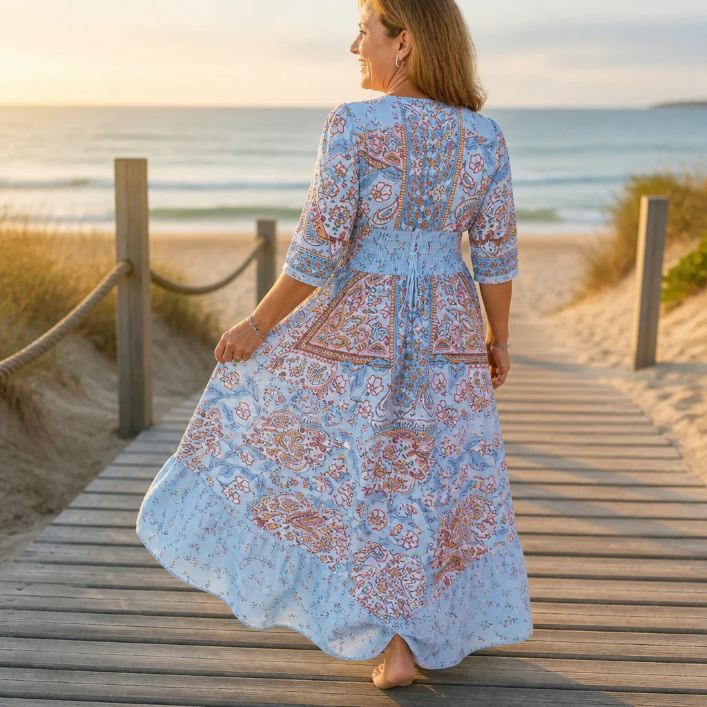 LumeraBelle™ – Flowy Bohemian Paisley Maxi Dress with Smocked Waist - Image 3