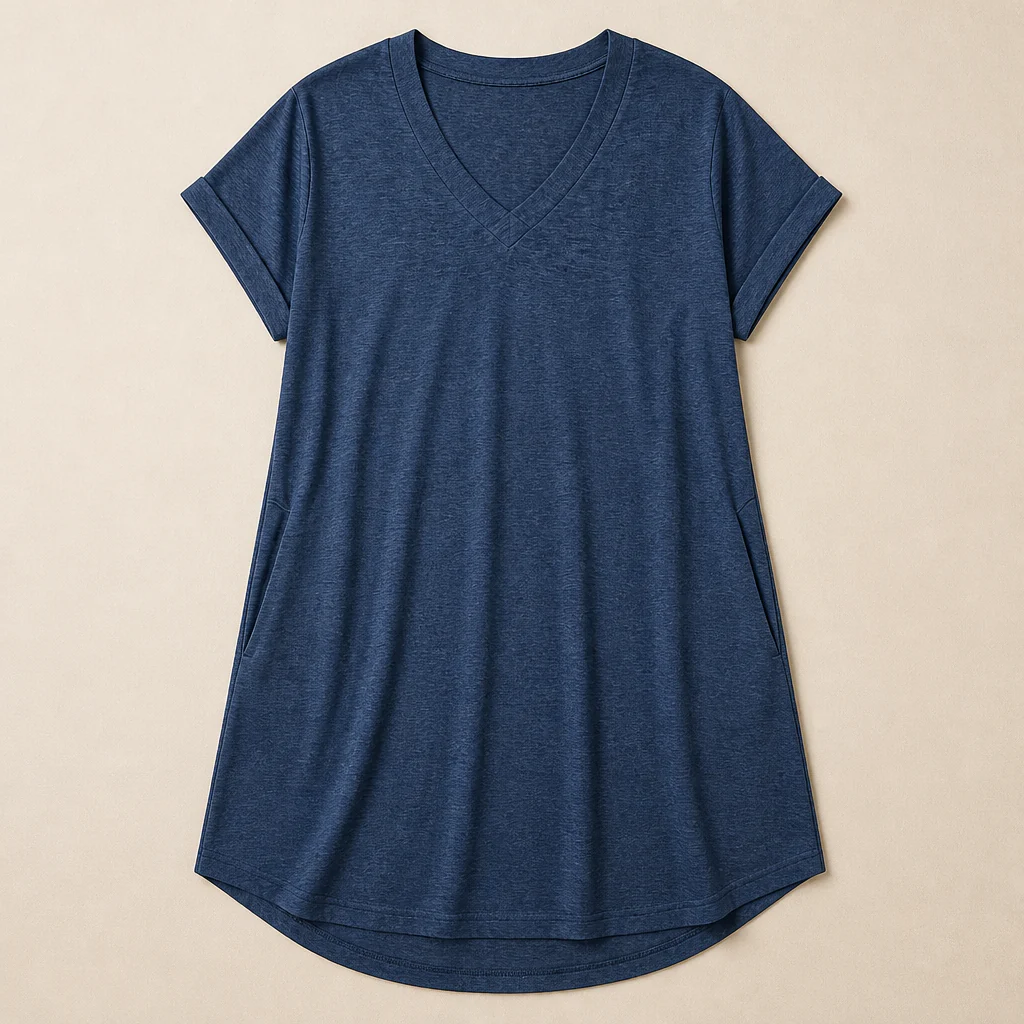 LumiBella™ – Soft Relaxed V-Neck T-Shirt Dress with Side Pockets - Image 4