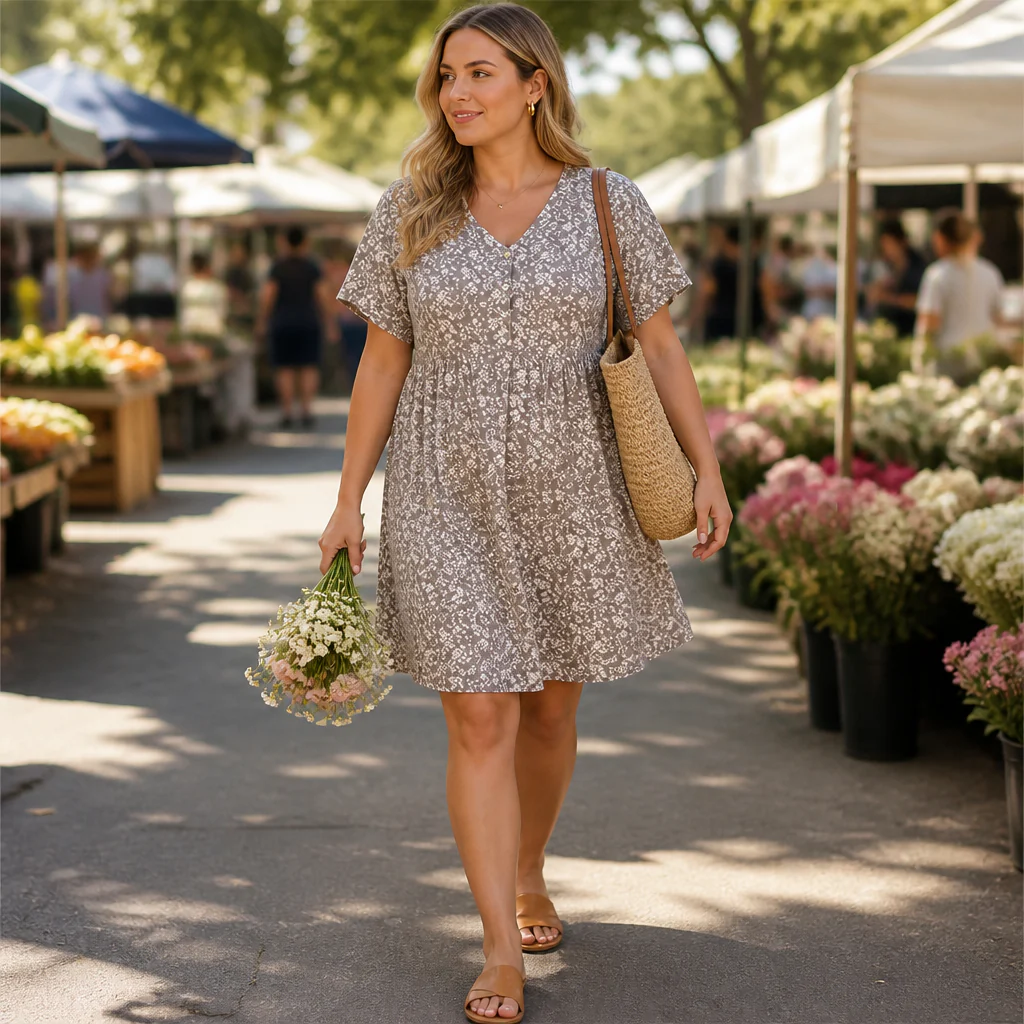 LuminaEase™ – Relaxed V-Neck Button-Front Day Dress - Image 2