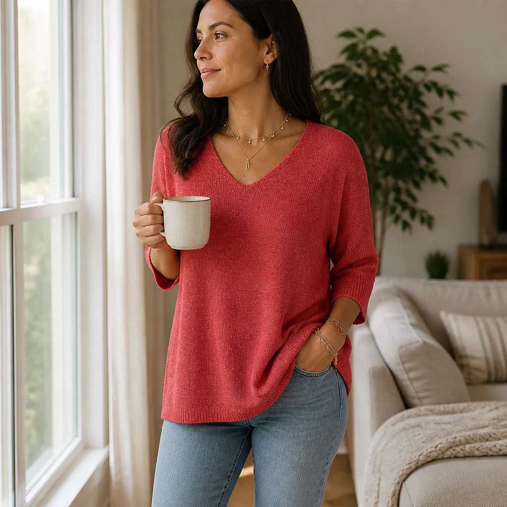 LuminaLuxe™ – Relaxed V-Neck Soft Knit Top with 3/4 Sleeves - Image 2